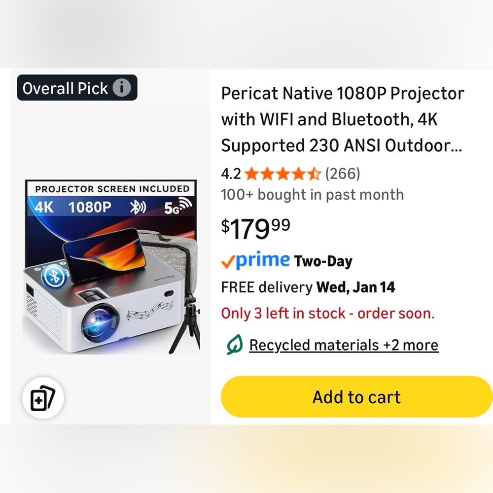 Native 1080P Projector with WIFI & Bluetooth, Pericat 4K Supported + 100” Screen
